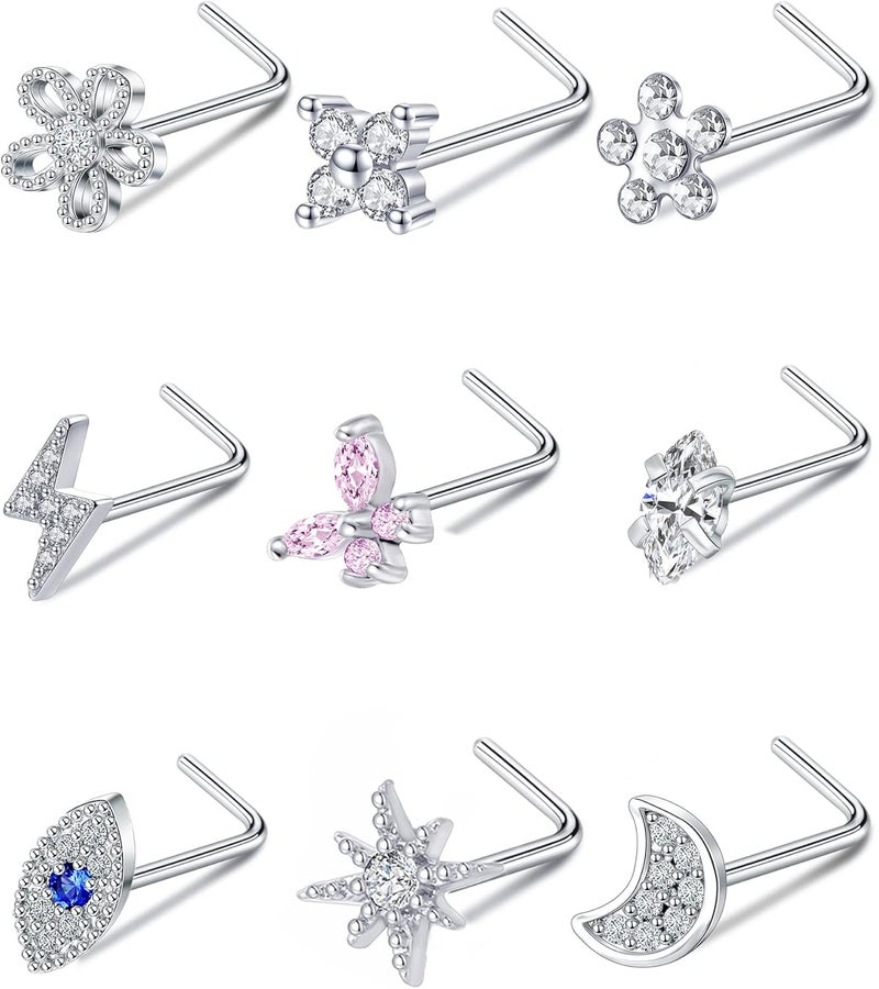 Tornito 9Pcs Nose Rings Stud L Bone Screw Shaped Nose Ring Flower CZ Snowflake Butterfly Screw Nose Stud Body Piercing Jewelry for Women Men 20G Silver Gold Rose Gold Tone - Image 1